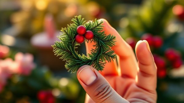 Hand holding a miniature evergreen wreath ornament in sunlight.