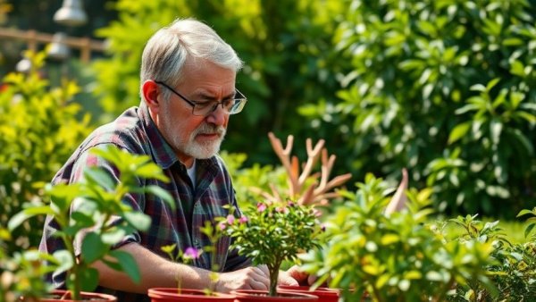 Middle-aged man tending potted plants in summer garden.