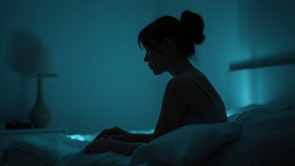 Woman waking up at 3 AM, sitting in bed in a dimly lit room.