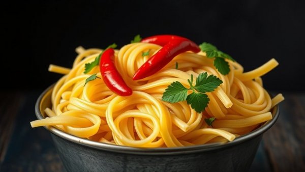 Colorful pasta with chili and parsley in rustic setting, food allergy warning.