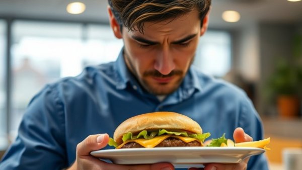 Person experiencing constant bloating after a meal with burger.