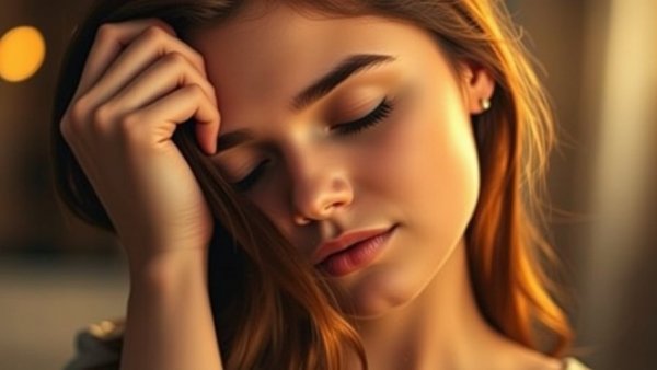 A young woman gently holding her hair with eyes closed, illustrating postpartum hair loss.