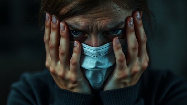 Anxious woman with a mask, illustrating panic attack treatment strategies.