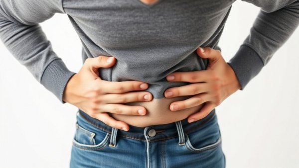Person experiencing upper stomach pain causes wearing casual attire.
