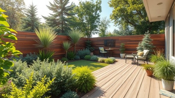 Lush garden design with wooden deck and vibrant greenery in backyard.