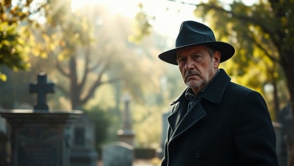 Somber man in cemetery by gravestone, natural lighting.