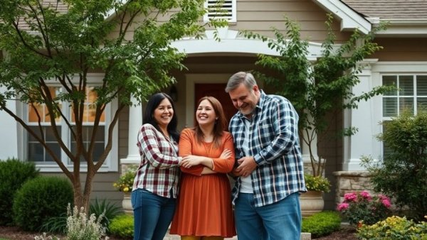 Family in front of home depicting housing affordability.