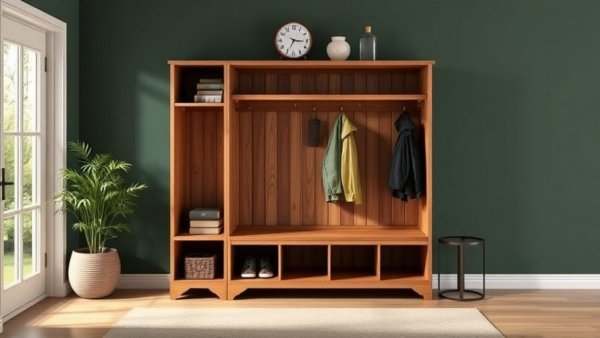 Modern DIY home organization entryway with wood furniture