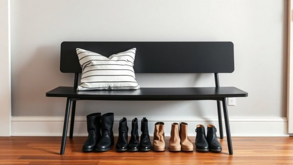 Entryway storage ideas with bench, pillow, and shoes.