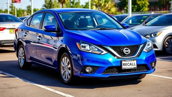 Nissan Sentra windshield recall notice on blue car at dealership.