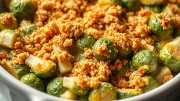 Brussels sprout casserole with creamy sauce and crispy topping.