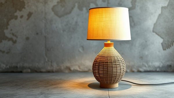 Woven table lamp with beige shade on concrete surface.