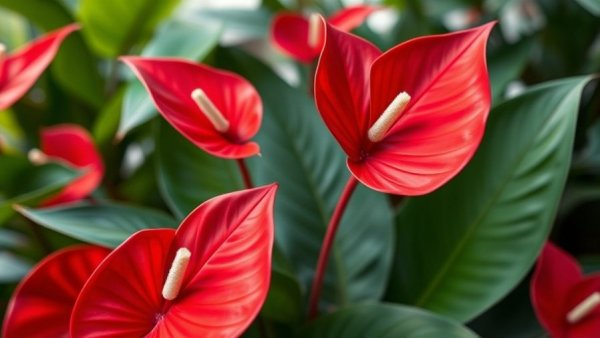 Vibrant red anthurium flowers in lush indoor garden, how to care for anthurium houseplants.
