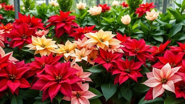 Colorful poinsettia varieties for your home in an indoor garden.