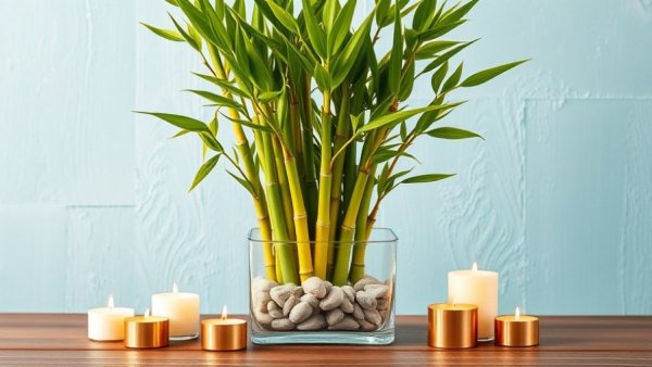 Vibrant lucky bamboo plant in vase with pebbles, surrounded by candles.