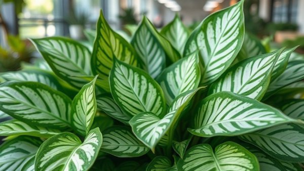 Healthy aluminum plant leaves with variegated pattern showing care tips.