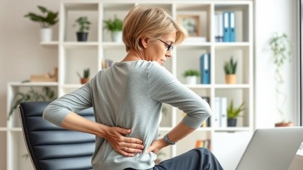 Woman experiencing back pain, an example of silent kidney disease symptoms, in a modern office.