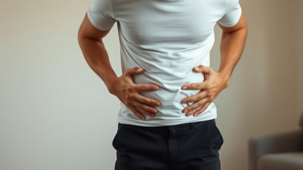 Man with morning bloating holds stomach in natural light.