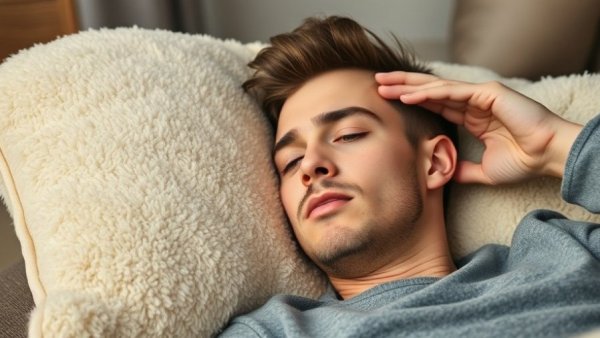 Man with sleep-related headache resting on fluffy pillow.
