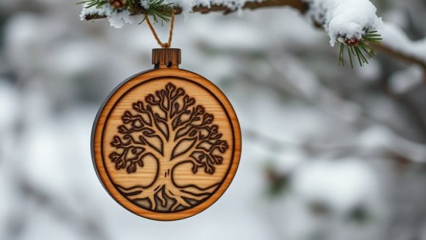 Etched wooden ornament hanging on snowy branch.