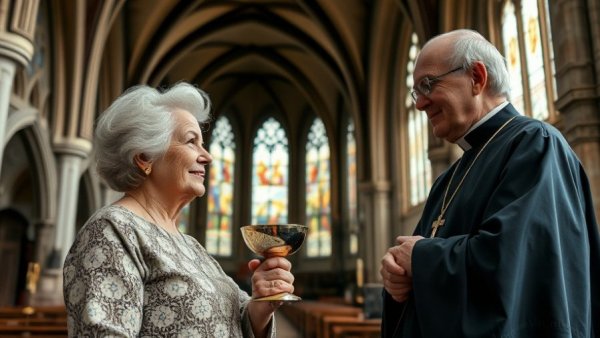 Elderly woman with chalice conversing with priest in church, senior living communities
