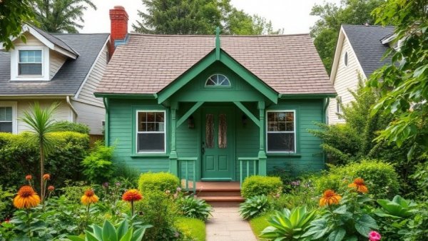 Charming green cottage in lush garden setting for real estate appraisal.