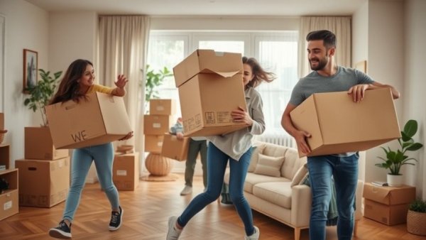 Young adults packing for a move in a modern living room with boxes and plants.