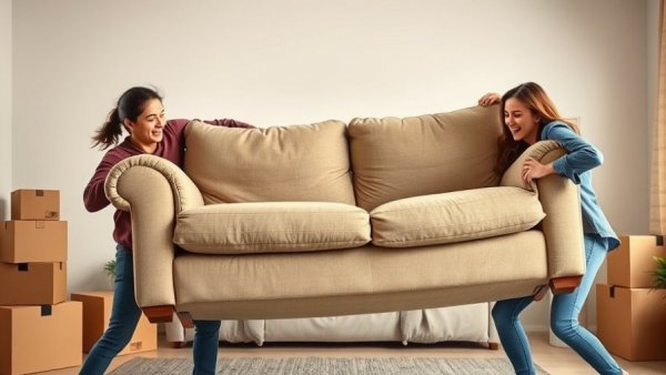 Young adults packing quickly for a move with boxes in a living room.