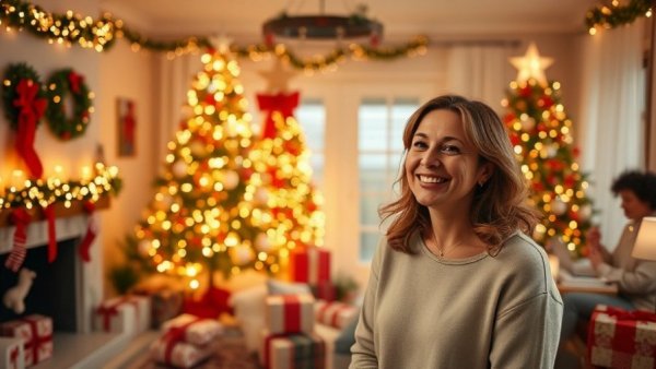 Cozy living room Christmas makeover with decorations and woman.