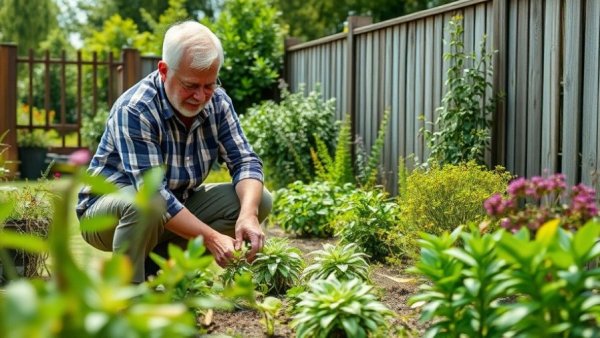Middle-aged man demonstrating sustainable gardening techniques in a lush garden.