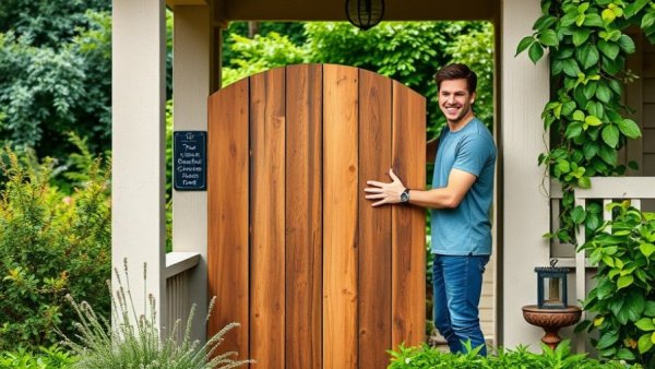 Men building a rustic wooden garden gate on a porch.
