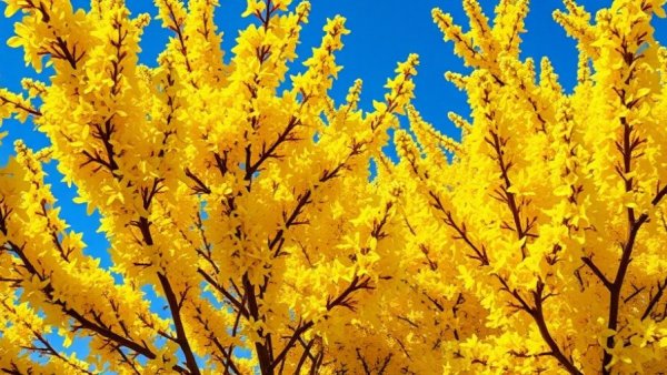 Dense blooming yellow forsythia bush with vibrant flowers.