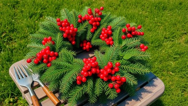 Festive garden wreath creation on a sunny table, garden meditation for holiday blues.