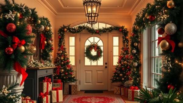 Charming entryway with holiday decor and garlands for festive ambiance.