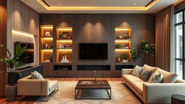 Modern living room wall niche designs 2025 with elegant shelving.