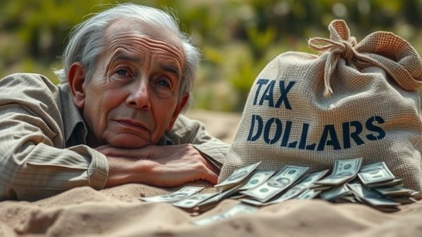 Older man on sand with sack of tax dollars, pondering tax implications.