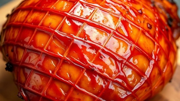 Delicious golden-brown glazed ham on a wooden board, close-up.