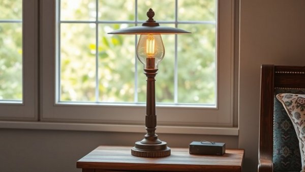 Perfect rustic table lamp artwork on side table in a bright bedroom.