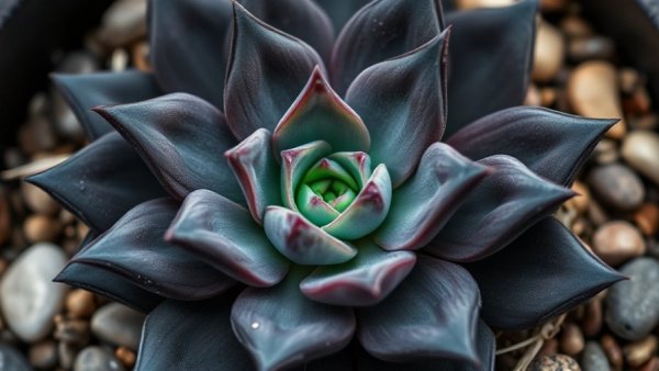 Close-up of Echeveria 'Black Prince' succulent with dark leaves.