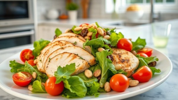 Colorful keto salad with chicken and tomatoes on a marble countertop.