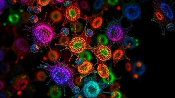 Colorful microscopic view of stem cells highlighting therapy risks and benefits.