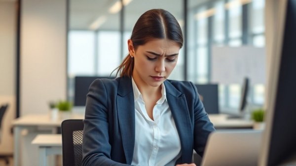 Woman with back pain at office desk, highlighting chronic back pain causes.