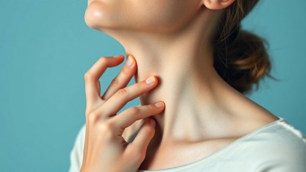 Woman examining neck for goiter symptoms and enlarged thyroid signs.