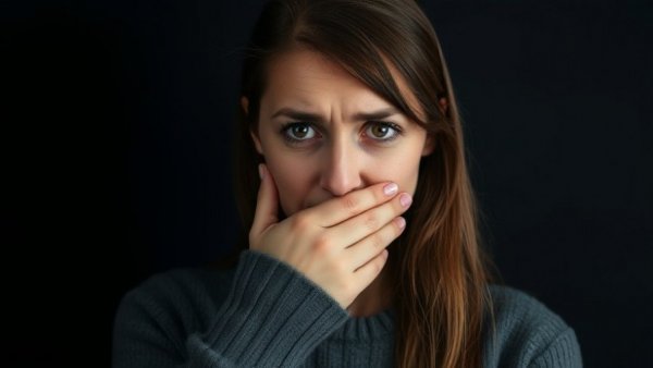 Woman covering mouth due to concerns about causes of bad breath.