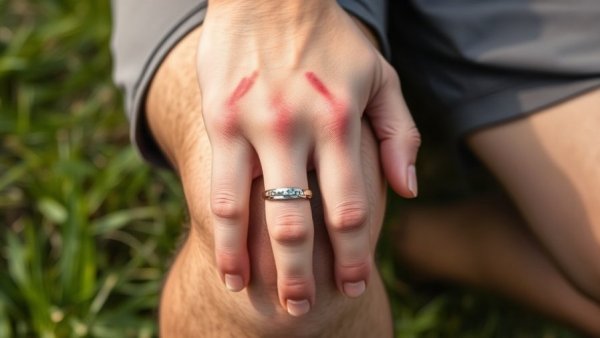 Close-up hand with red bruises in outdoor setting, showcasing easy bruising causes.