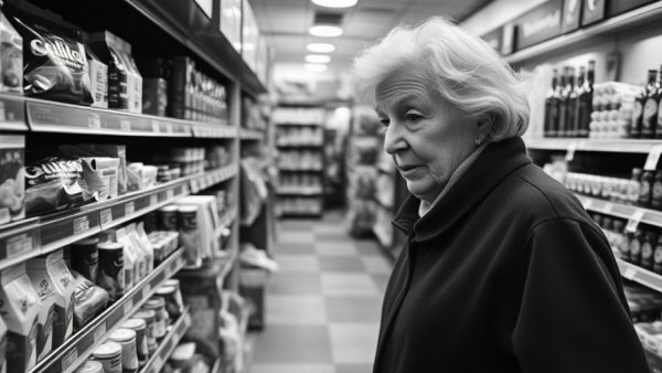 Curious elderly woman shopping in a convenience store aisle, Retail Therapy for Seniors.