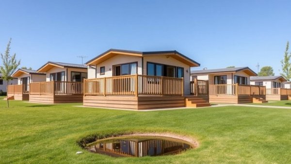 Mobile homes with wooden decks in a tranquil park setting.