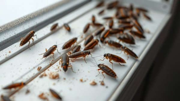Early signs of pest infestation on window ledge with cockroaches.