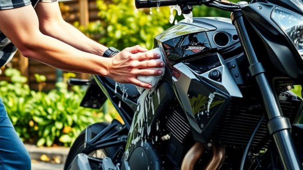 Man cleaning motorcycle for winterizing, sunny outdoor scene.
