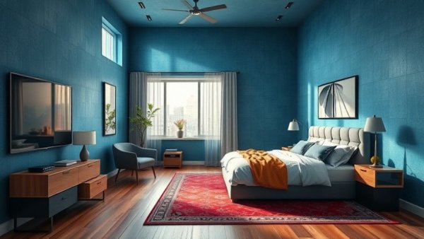 Modern bedroom makeover trends with blue walls and red carpet.